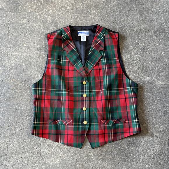 Pendleton Vest Womens 12 Red Green Plaid Wool Blend Holiday Waistcoat Petite USA - Picture 1 of 8